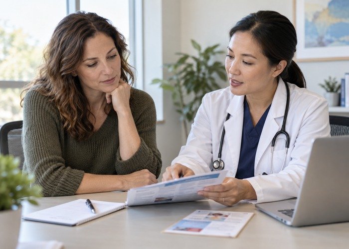 Adult caregiver discussing notes with a healthcare professional