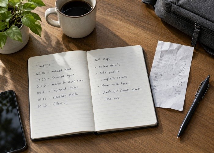 Notebook and receipt organized for a factual incident timeline