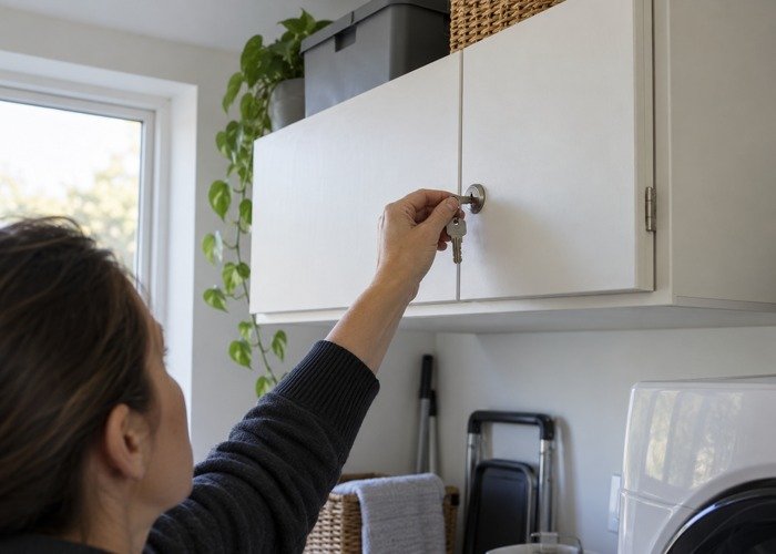 Closed locked storage cupboard with an adult holding keys