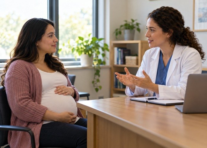 Pregnant adult discussing questions with a healthcare professional