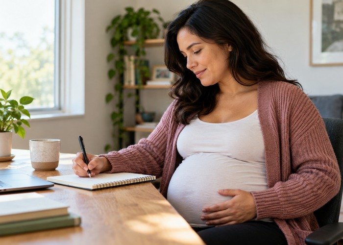Pregnant adult preparing appointment questions at a desk