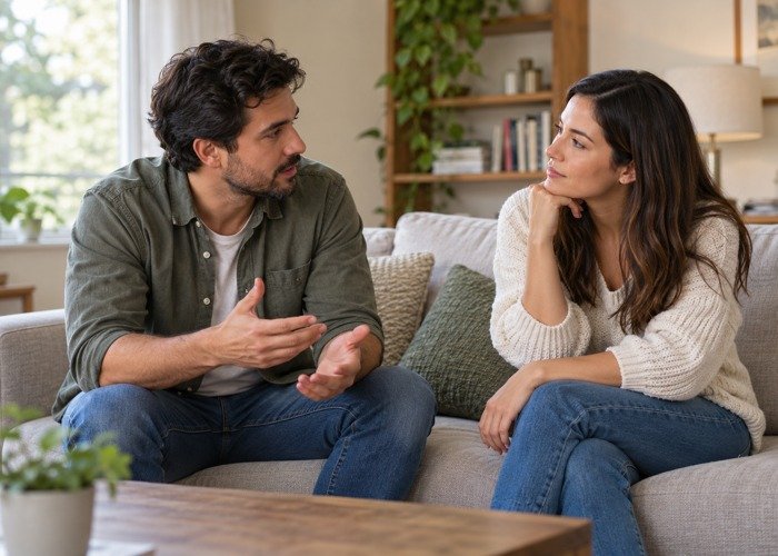 Two adult parents talking at home