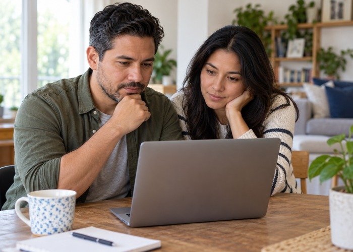 Two adult parents reviewing educational information on a laptop