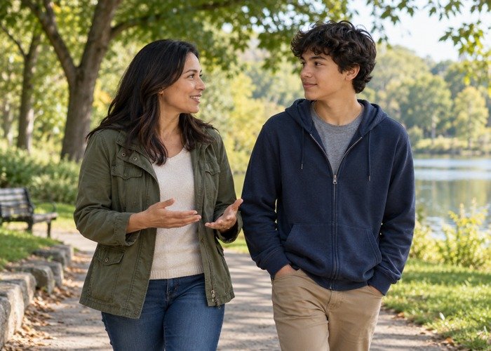 Parent and teenager talking during a park walk