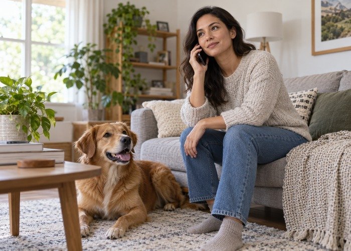 Dog owner calling for advice with a dog safely nearby