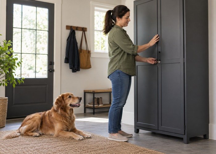 Adult securing a high cupboard while a dog stays on the floor
