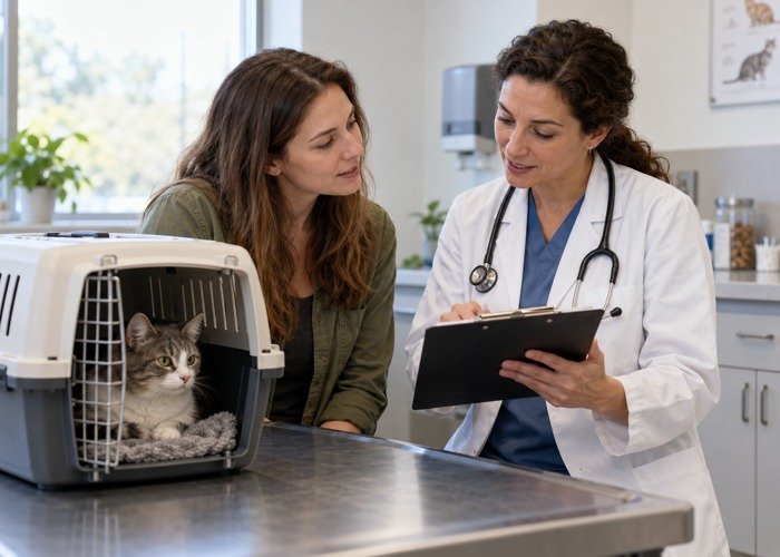 Pet owner discussing notes with a veterinarian beside a cat carrier