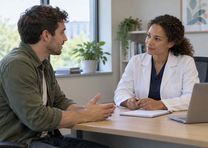 Adult discussing support options with a healthcare professional