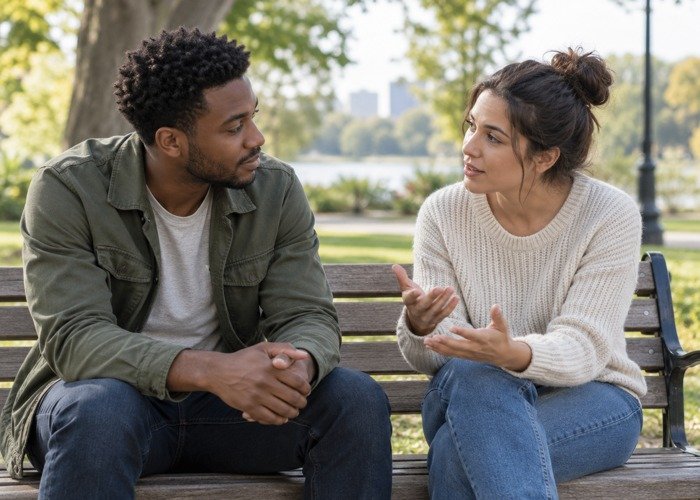 Two adults having a supportive conversation on a park bench