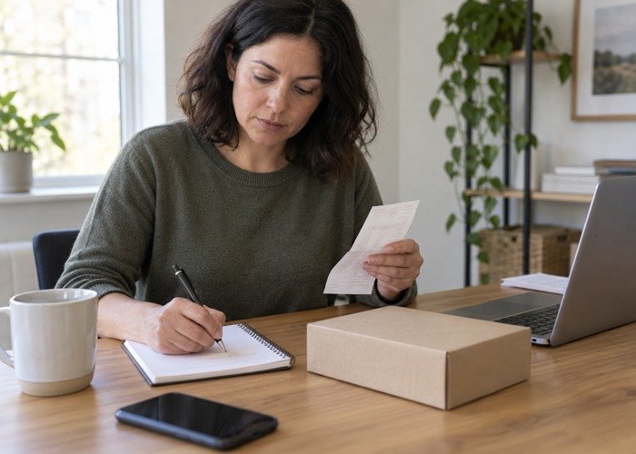 Adult organizing existing records at a desk