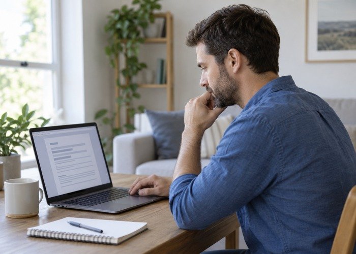 Adult reviewing a safety report at a laptop