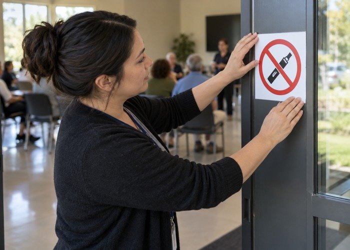 Adult placing a no-vaping pictogram near a room entrance