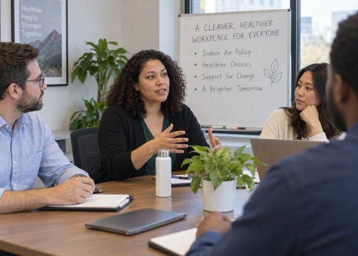 Coworkers discussing indoor air expectations in a meeting room