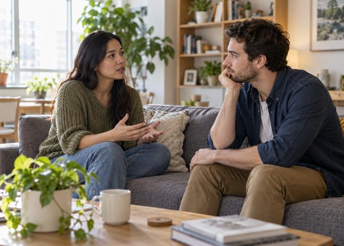 Adults discussing shared-space expectations in a living room